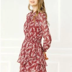 Allegra K Floral Printed Ruffled Tie V Neck Smocked Waist Dress 120 Allegra K Floral Printed Ruffled Tie V Neck Smocked Waist Dress