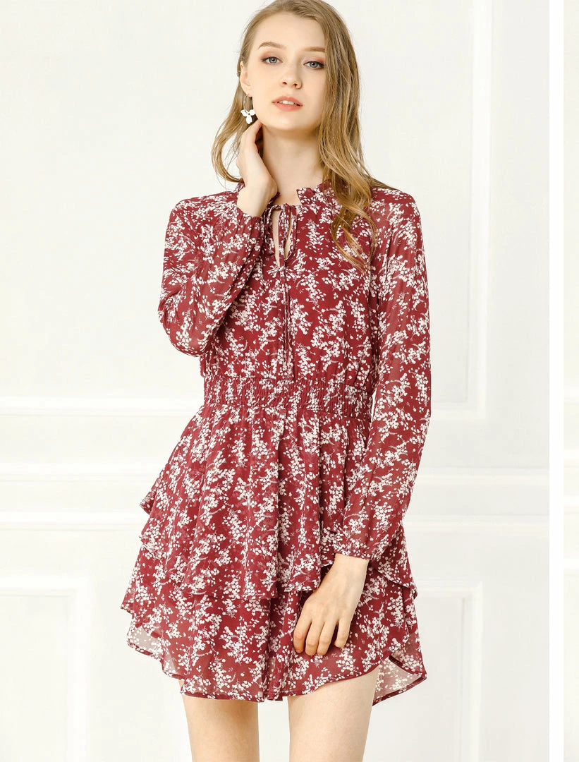 Allegra K Floral Printed Ruffled Tie V Neck Smocked Waist Dress 37 Allegra K Floral Printed Ruffled Tie V Neck Smocked Waist Dress