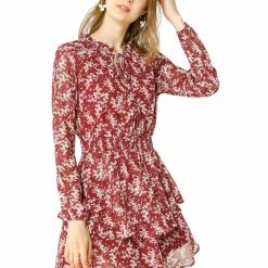 Allegra K Floral Printed Ruffled Tie V Neck Smocked Waist Dress 118 Allegra K Floral Printed Ruffled Tie V Neck Smocked Waist Dress