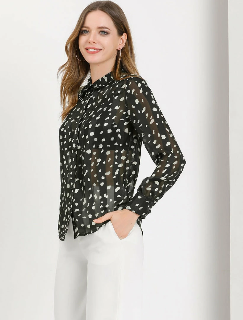 Allegra K Women's Work Office Shirts Long Sleeves Button Down Dots Chiffon Blouse 12 Allegra K Women's Work Office Shirts Long Sleeves Button Down Dots Chiffon Blouse