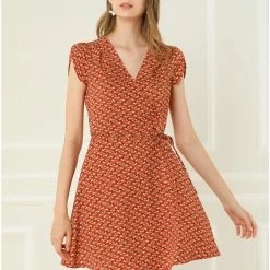 Allegra K Clothing Women Floral Crossover V Neck Petal Sleeves Flowy Dress With Belt