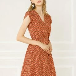 Allegra K Clothing Women Floral Crossover V Neck Petal Sleeves Flowy Dress With Belt