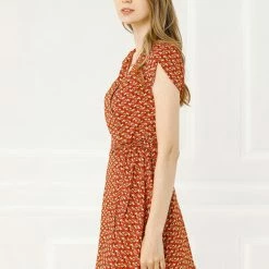 Allegra K Clothing Women Floral Crossover V Neck Petal Sleeves Flowy Dress With Belt