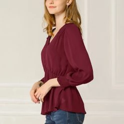 Allegra K Women's Ruffled Long Puff Sleeves Blouses V Neck Solid Color Top