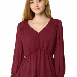 Allegra K Women's Ruffled Long Puff Sleeves Blouses V Neck Solid Color Top