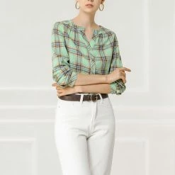 Allegra K Women's Button Up Long Sleeve Shirt Casual Split Neck Plaid Blouse Tops 35 Allegra K Women's Button Up Long Sleeve Shirt Casual Split Neck Plaid Blouse Tops