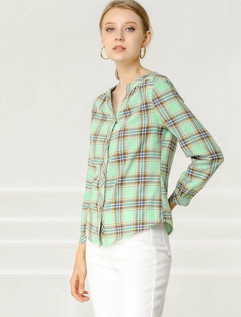 Allegra K Women's Button Up Long Sleeve Shirt Casual Split Neck Plaid Blouse Tops 7 Allegra K Women's Button Up Long Sleeve Shirt Casual Split Neck Plaid Blouse Tops