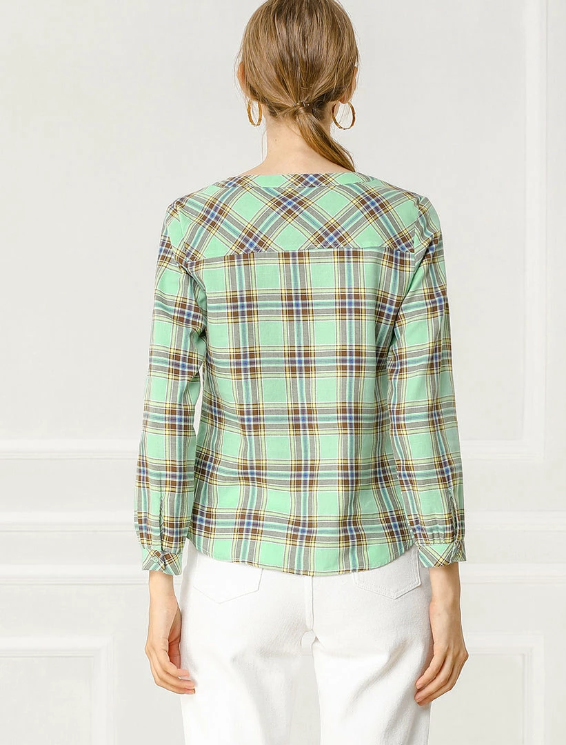 Allegra K Women's Button Up Long Sleeve Shirt Casual Split Neck Plaid Blouse Tops 8 Allegra K Women's Button Up Long Sleeve Shirt Casual Split Neck Plaid Blouse Tops