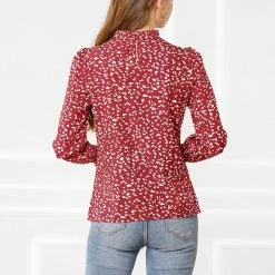 Allegra K Women's Ruffled Neck Smocked Long Sleeve Floral Printed Blouse Top