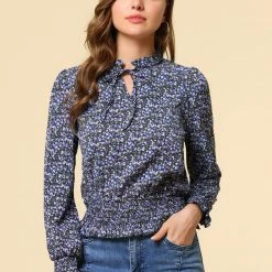 Allegra K Women's Smocked Puff Sleeve Ruffle Peplum Ditsy Floral Top Blouse