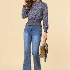 Allegra K Women's Smocked Puff Sleeve Ruffle Peplum Ditsy Floral Top Blouse