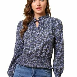 Allegra K Women's Smocked Puff Sleeve Ruffle Peplum Ditsy Floral Top Blouse
