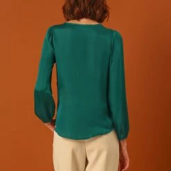 Allegra K Women's Satin Round Neck Blouse Retro Spring Long Sleeve Shirt Top