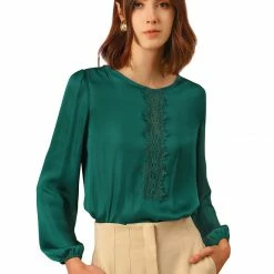 Allegra K Women's Satin Round Neck Blouse Retro Spring Long Sleeve Shirt Top