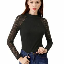 Allegra K Lace Long Sleeve Fitted Tops