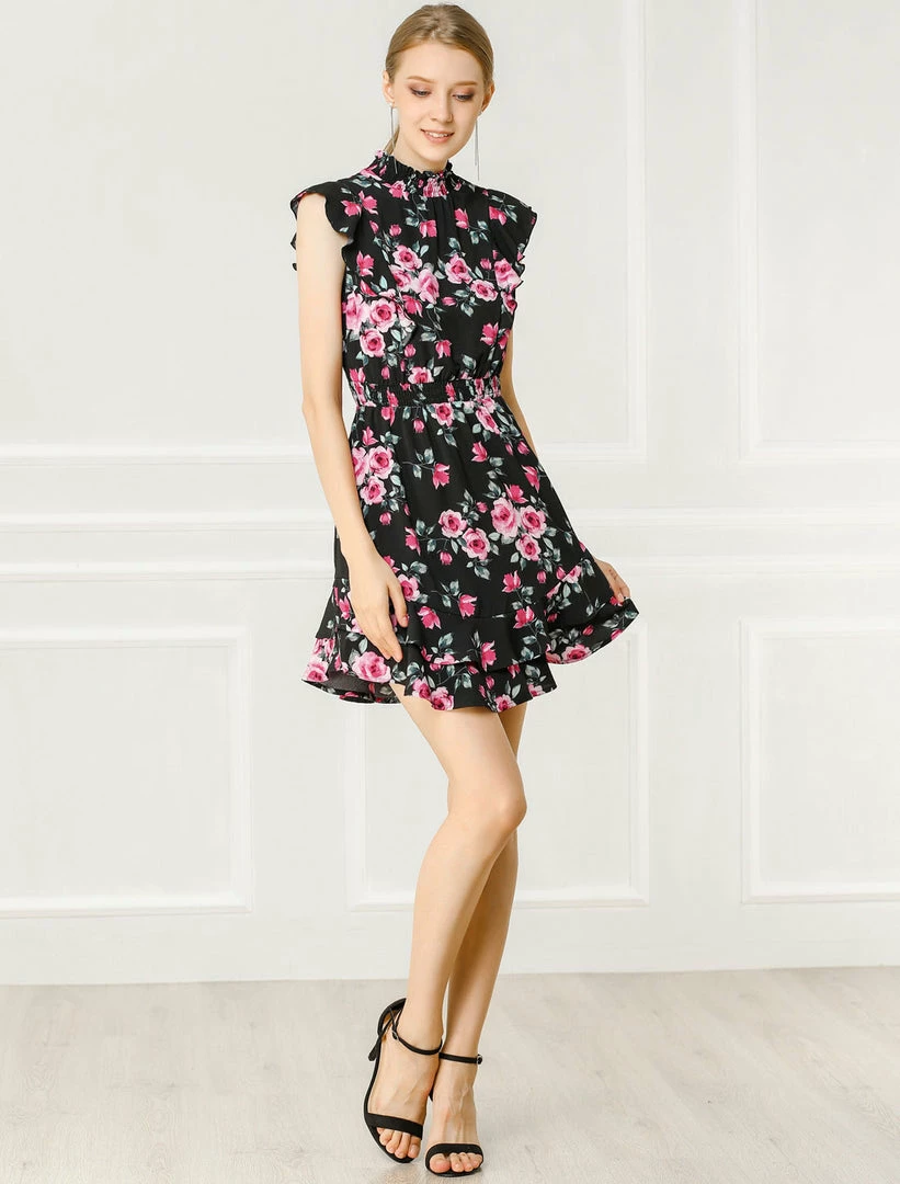 Allegra K Women's Ruffles Floral Printed Mock Neck Tiered Smocked Dress 6 Allegra K Women's Ruffles Floral Printed Mock Neck Tiered Smocked Dress
