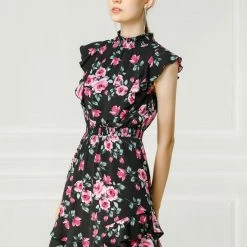 Allegra K Women's Ruffles Floral Printed Mock Neck Tiered Smocked Dress 20 Allegra K Women's Ruffles Floral Printed Mock Neck Tiered Smocked Dress
