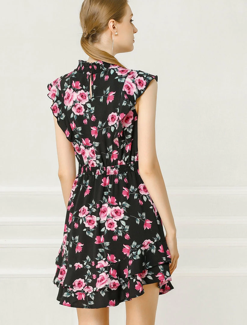 Allegra K Women's Ruffles Floral Printed Mock Neck Tiered Smocked Dress 8 Allegra K Women's Ruffles Floral Printed Mock Neck Tiered Smocked Dress