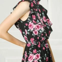 Allegra K Women's Ruffles Floral Printed Mock Neck Tiered Smocked Dress 22 Allegra K Women's Ruffles Floral Printed Mock Neck Tiered Smocked Dress