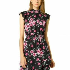 Allegra K Women's Ruffles Floral Printed Mock Neck Tiered Smocked Dress
