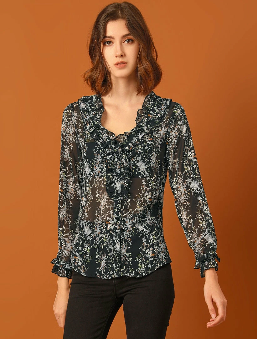 Allegra K Women's Vintage Puff Sleeve Button Down Ruffle V-neck Floral Printed Blouse Top 10 Allegra K Women's Vintage Puff Sleeve Button Down Ruffle V-neck Floral Printed Blouse Top