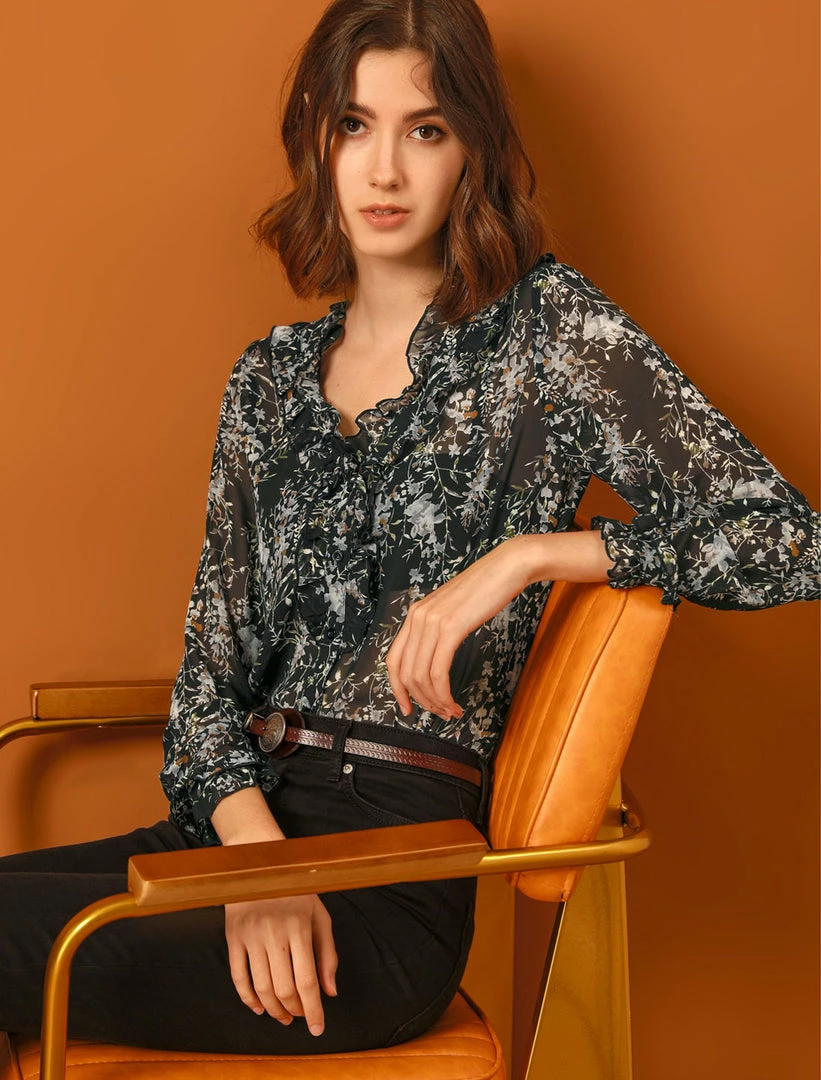 Allegra K Women's Vintage Puff Sleeve Button Down Ruffle V-neck Floral Printed Blouse Top 11 Allegra K Women's Vintage Puff Sleeve Button Down Ruffle V-neck Floral Printed Blouse Top