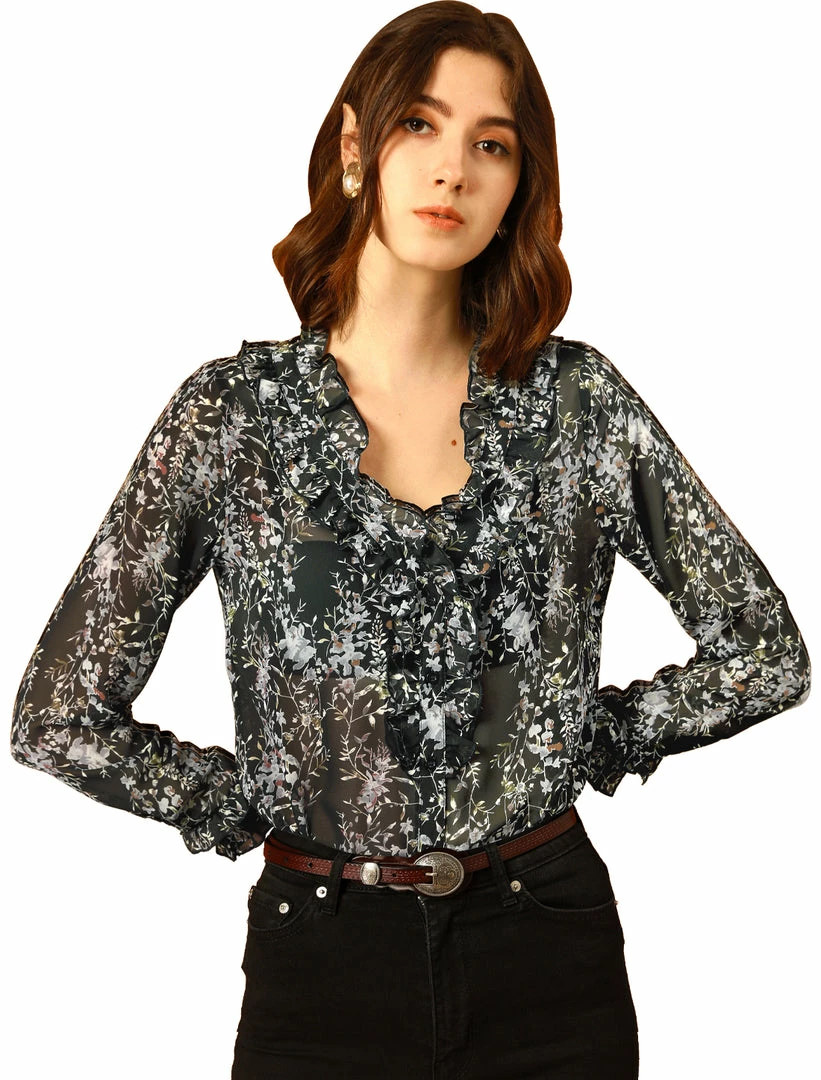 Allegra K Women's Vintage Puff Sleeve Button Down Ruffle V-neck Floral Printed Blouse Top 9 Allegra K Women's Vintage Puff Sleeve Button Down Ruffle V-neck Floral Printed Blouse Top
