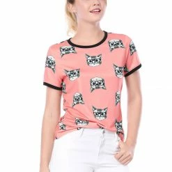 Allegra K Short Sleeve Contrast Trim Cartoon Cat Print T-Shirt Women