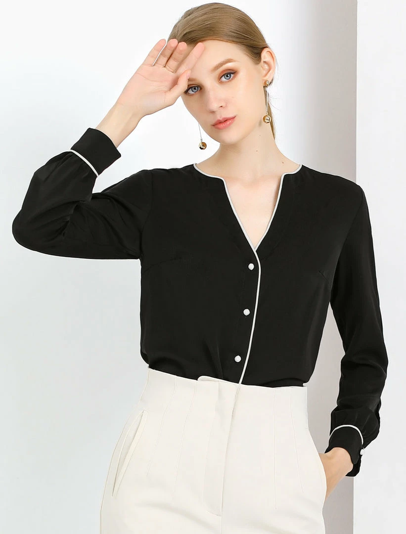Women Allegra K Button Down Contrast Trim V Neck Long Sleeves Blouse 28 Women Allegra K Button Down Contrast Trim V Neck Long Sleeves Blouse