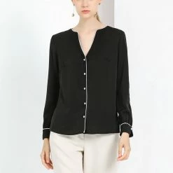 Women Allegra K Button Down Contrast Trim V Neck Long Sleeves Blouse 58 Women Allegra K Button Down Contrast Trim V Neck Long Sleeves Blouse