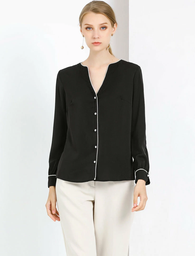 Women Allegra K Button Down Contrast Trim V Neck Long Sleeves Blouse 29 Women Allegra K Button Down Contrast Trim V Neck Long Sleeves Blouse