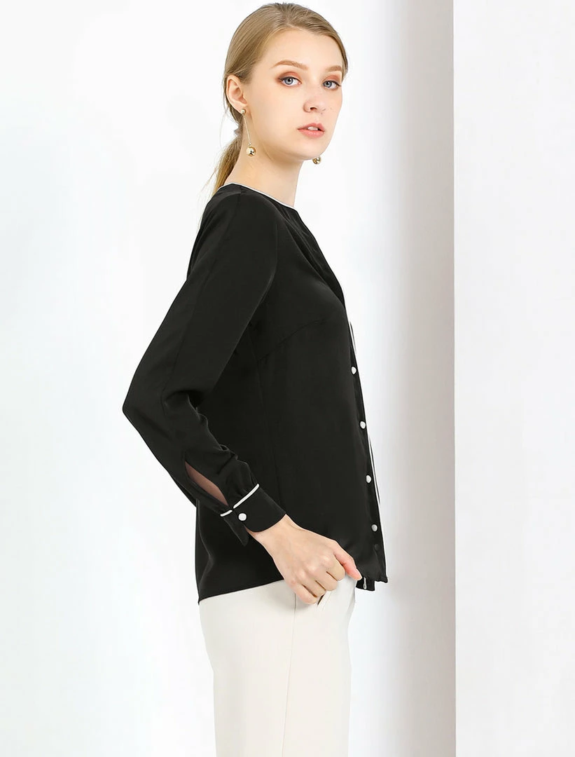 Women Allegra K Button Down Contrast Trim V Neck Long Sleeves Blouse 30 Women Allegra K Button Down Contrast Trim V Neck Long Sleeves Blouse