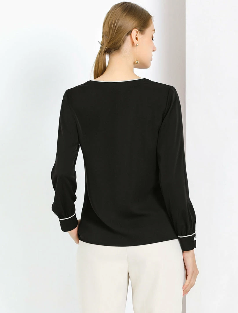 Women Allegra K Button Down Contrast Trim V Neck Long Sleeves Blouse 31 Women Allegra K Button Down Contrast Trim V Neck Long Sleeves Blouse