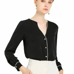 Women Allegra K Button Down Contrast Trim V Neck Long Sleeves Blouse 56 Women Allegra K Button Down Contrast Trim V Neck Long Sleeves Blouse