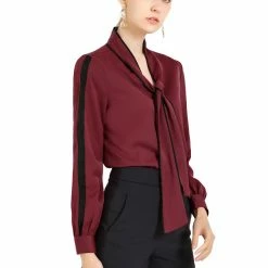 Allegra K Women's Tie Bow Neck Contrast Trim Long Sleeve Office Blouse Top