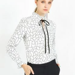 Allegra K Women's Ruffle Neck Tie Front Geometric Pattern Slashed Sleeve Button Work Top Blouse