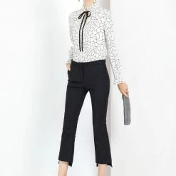 Allegra K Women's Ruffle Neck Tie Front Geometric Pattern Slashed Sleeve Button Work Top Blouse