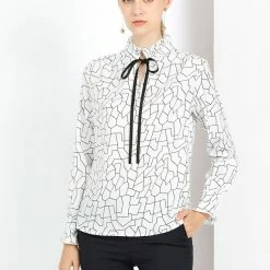 Allegra K Women's Ruffle Neck Tie Front Geometric Pattern Slashed Sleeve Button Work Top Blouse