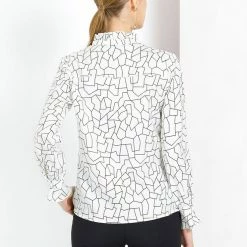 Allegra K Women's Ruffle Neck Tie Front Geometric Pattern Slashed Sleeve Button Work Top Blouse