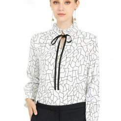 Allegra K Women's Ruffle Neck Tie Front Geometric Pattern Slashed Sleeve Button Work Top Blouse