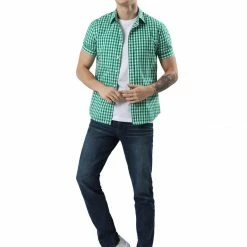 Allegra K Men's Western Shirts Check Button Down Short Sleeve Casual Plaid Shirt