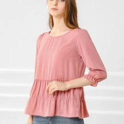 Allegra K Women's Chiffon Puff 3/4 Sleeves Loose Layered Ruffle Hem Babydoll Blouse Top