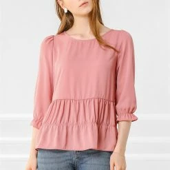 Allegra K Women's Chiffon Puff 3/4 Sleeves Loose Layered Ruffle Hem Babydoll Blouse Top