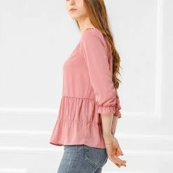 Allegra K Women's Chiffon Puff 3/4 Sleeves Loose Layered Ruffle Hem Babydoll Blouse Top
