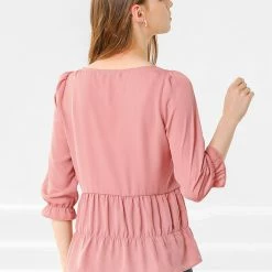 Allegra K Women's Chiffon Puff 3/4 Sleeves Loose Layered Ruffle Hem Babydoll Blouse Top