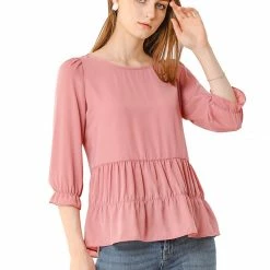 Allegra K Women's Chiffon Puff 3/4 Sleeves Loose Layered Ruffle Hem Babydoll Blouse Top