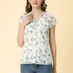 Allegra K Women's Floral Printed Ruffles Cap Sleeve Chiffon Blouse Top