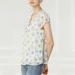 Allegra K Women's Floral Printed Ruffles Cap Sleeve Chiffon Blouse Top