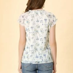 Allegra K Women's Floral Printed Ruffles Cap Sleeve Chiffon Blouse Top