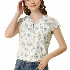 Allegra K Women's Floral Printed Ruffles Cap Sleeve Chiffon Blouse Top